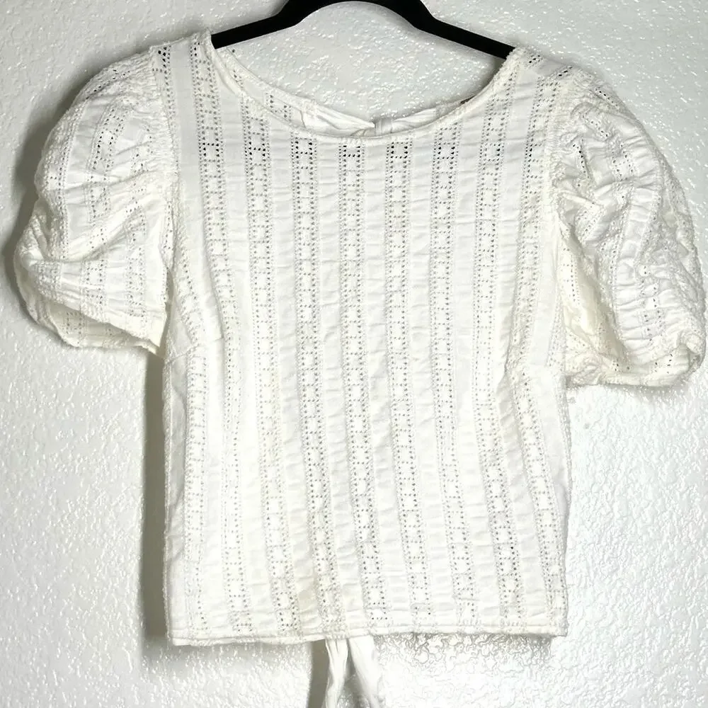 Free People S StarStruck white open back crop top Puff Shoulder eyelet lace bow